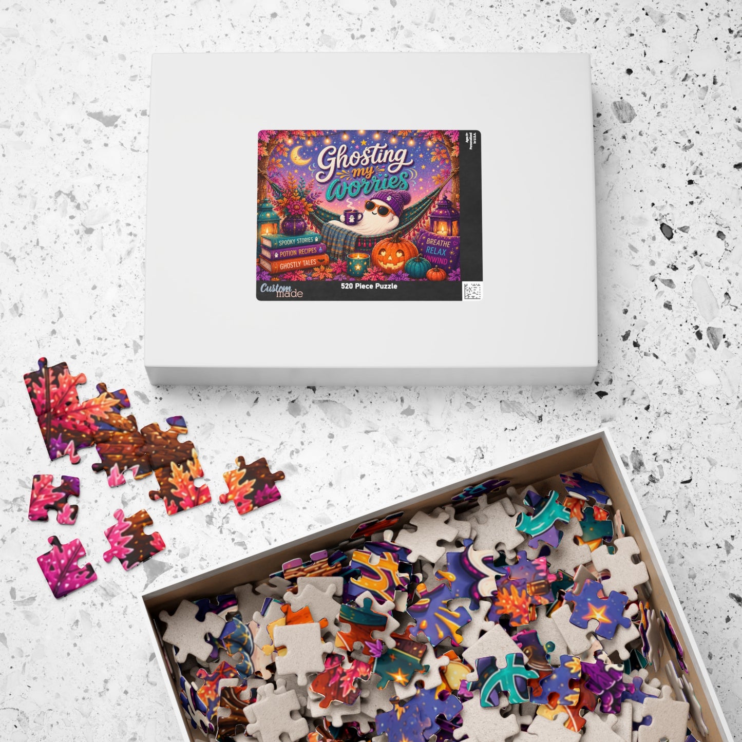 Ghosting My Worries Halloween Puzzle - Unbothered Ghost in Hammock with Breathe Relax Unwind Pillow