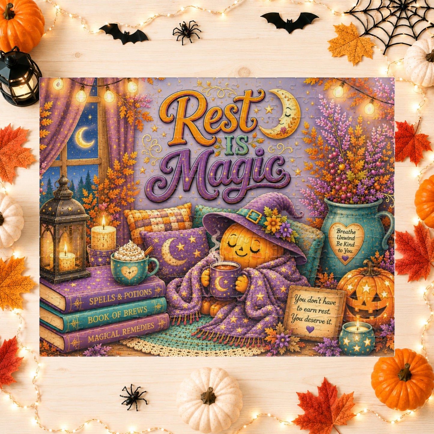 Rest Is Magic Halloween Puzzle - Cozy Pumpkin with Moon Mug, You Deserve Rest Sign, and Magical Books