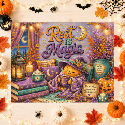 Rest Is Magic Halloween Puzzle - Cozy Pumpkin with Moon Mug, You Deserve Rest Sign, and Magical Books