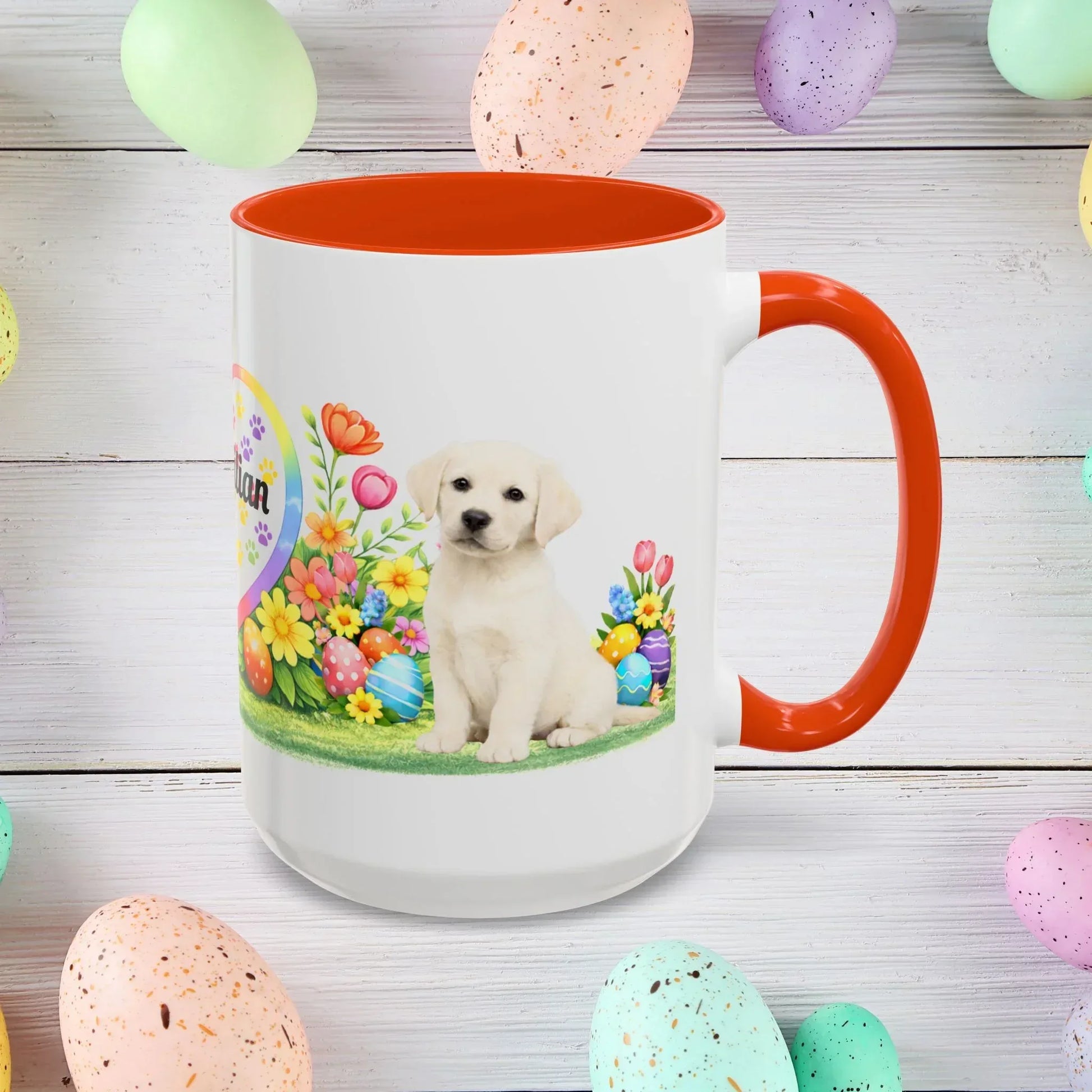 Shop our labrador retriever yellow creamy white puppy easter mug featuring the 15oz style option from MySisterIsASurvivor.