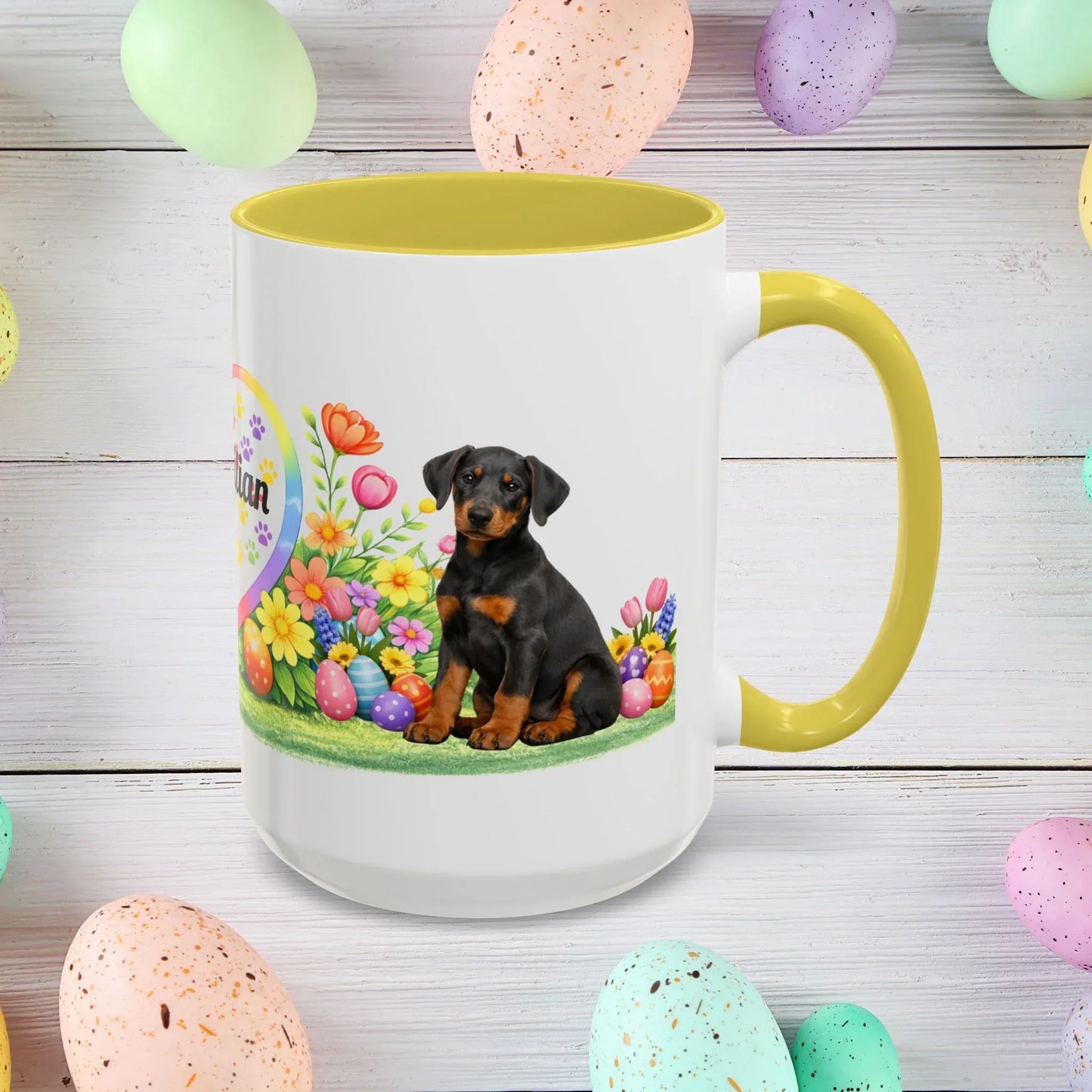 Shop our premium doberman blue rust puppy easter mug from MySisterIsASurvivor.