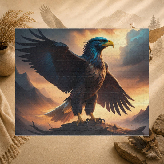 Wingspan of Strength - Full-Body Eagle Puzzle with Wings Spread Wide on Golden Stormy Sky Background