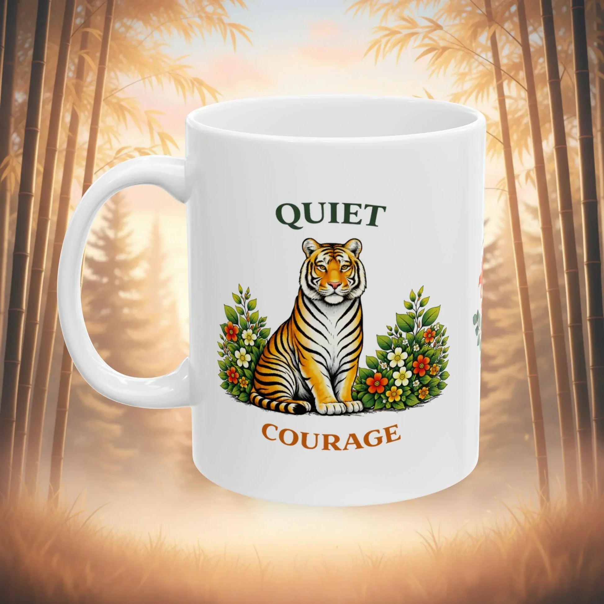 Shop our quiet courage tiger mug featuring the 15oz style option from MySisterIsASurvivor.