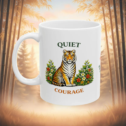 Shop our quiet courage tiger mug featuring the 15oz style option from MySisterIsASurvivor.
