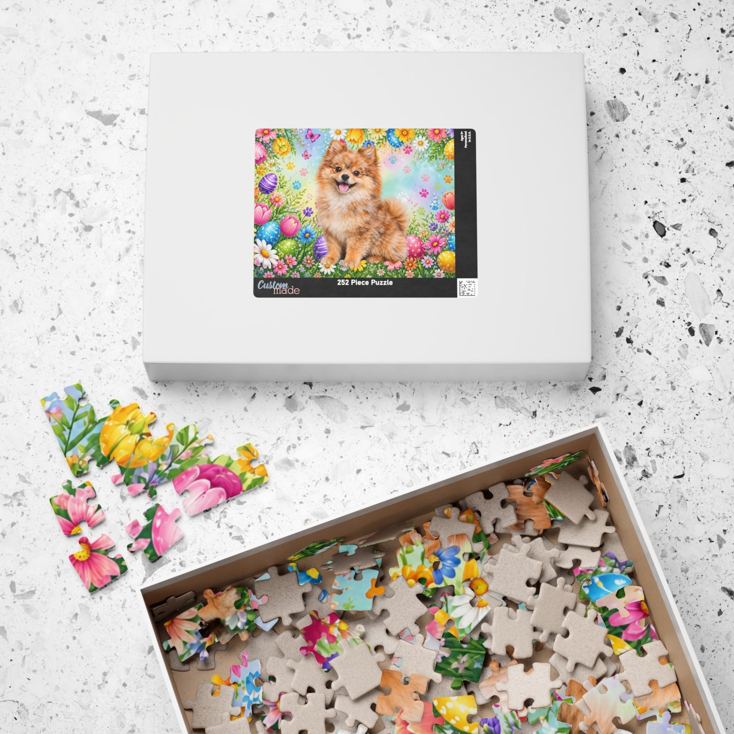 Pomeranian (Orange Merle) Easter Puppy Puzzle - Spring Garden with Eggs, Tulips, and Daisies