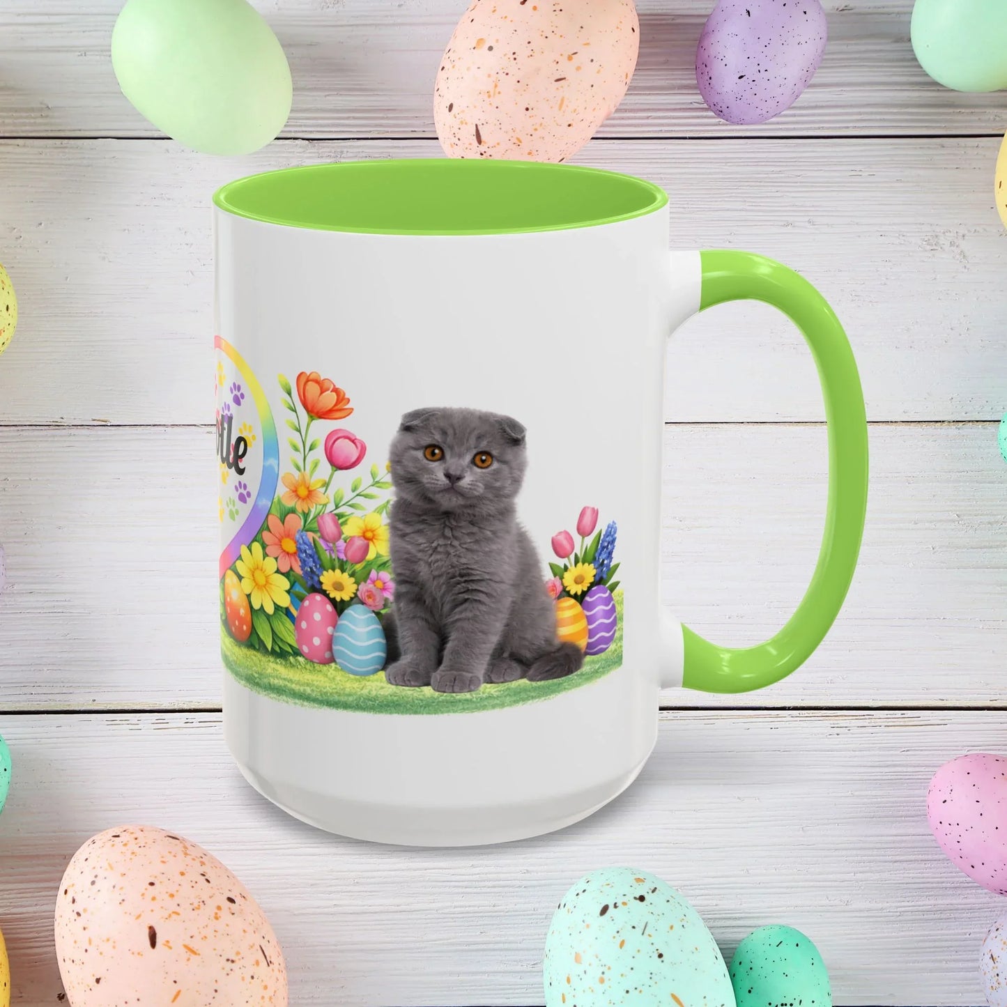Shop our scottish fold kitten easter mug featuring the 15oz style option from MySisterIsASurvivor.