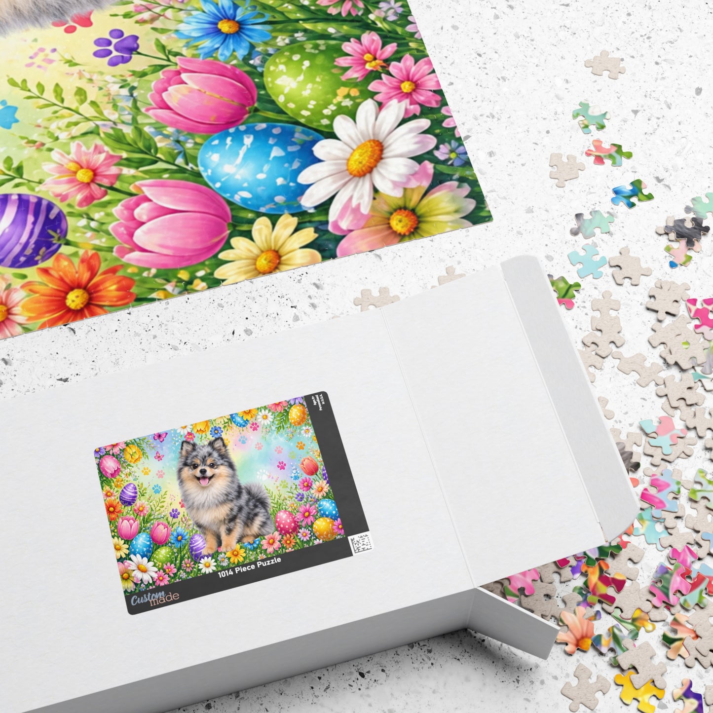 Pomeranian (Blue Merle) Easter Puppy Puzzle - Spring Garden with Eggs, Tulips, and Daisies