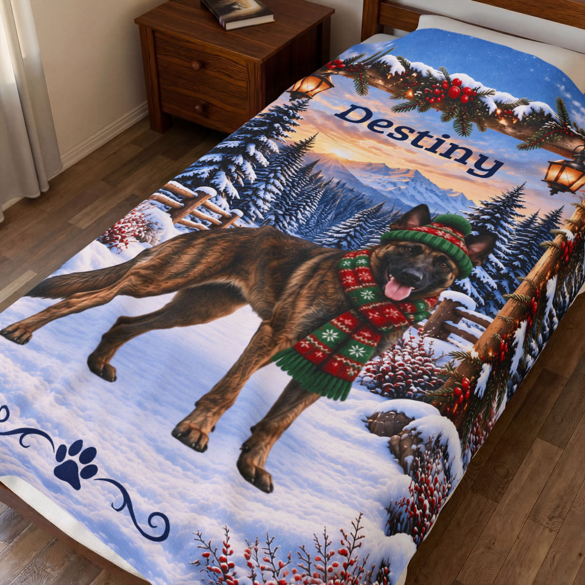 Belgian Malinois (Brindle Coat) - Personalized Dog Name Blanket, Woodland Winter Throw for Mali Fans