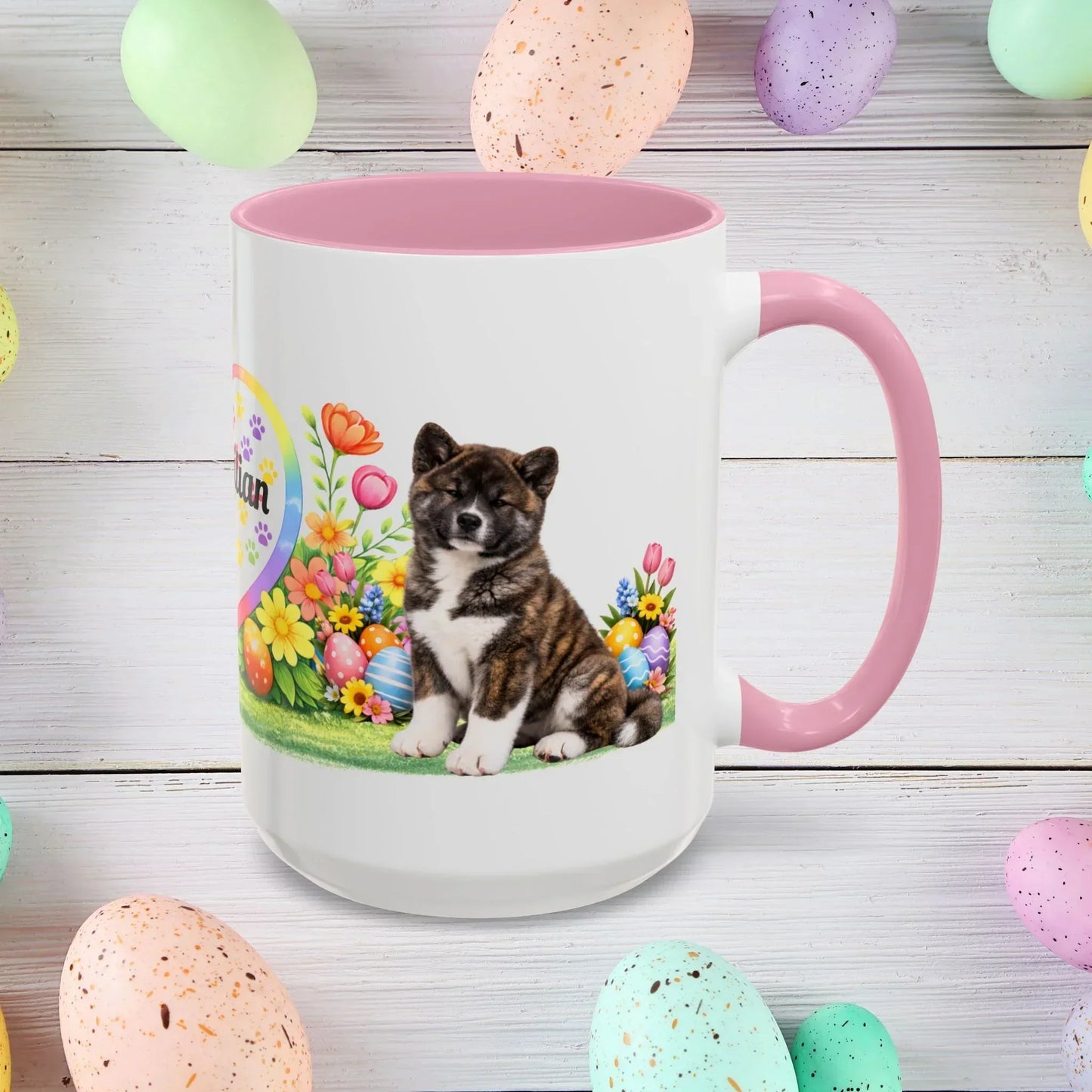 Shop our akita brindle puppy easter mug featuring the 15oz style option from MySisterIsASurvivor.