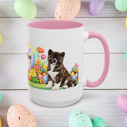 Shop our akita brindle puppy easter mug featuring the 15oz style option from MySisterIsASurvivor.