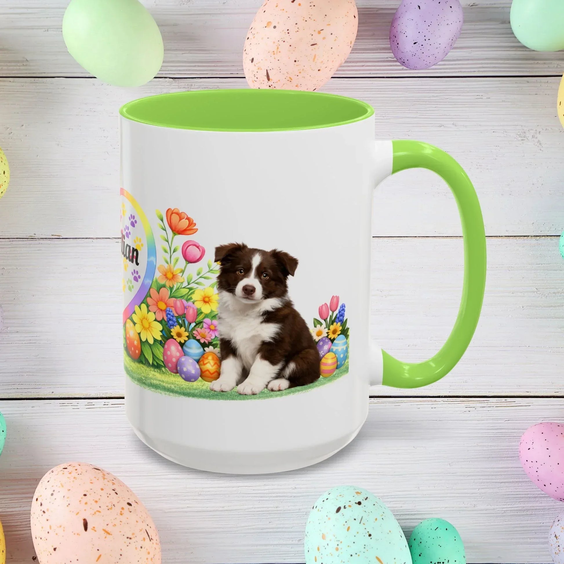 Shop our border collie chocolate white puppy easter mug featuring the 15oz style option from MySisterIsASurvivor.