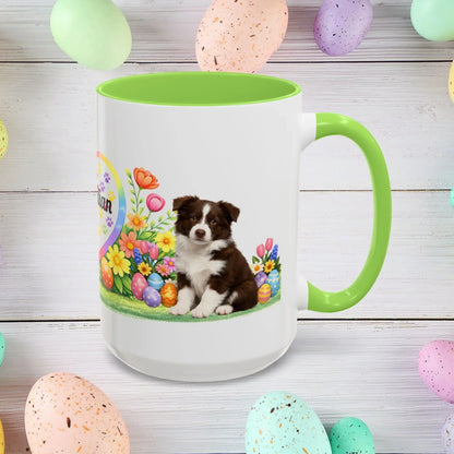 Shop our border collie chocolate white puppy easter mug featuring the 15oz style option from MySisterIsASurvivor.