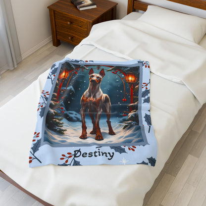 Doberman Fawn and Rust custom winter throw showing a proud Doberman in a cheerful snow-covered lodge setting