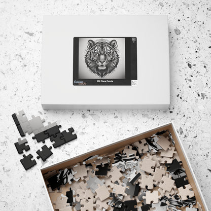 Jigsaw puzzle set with a tiger design on a white surface