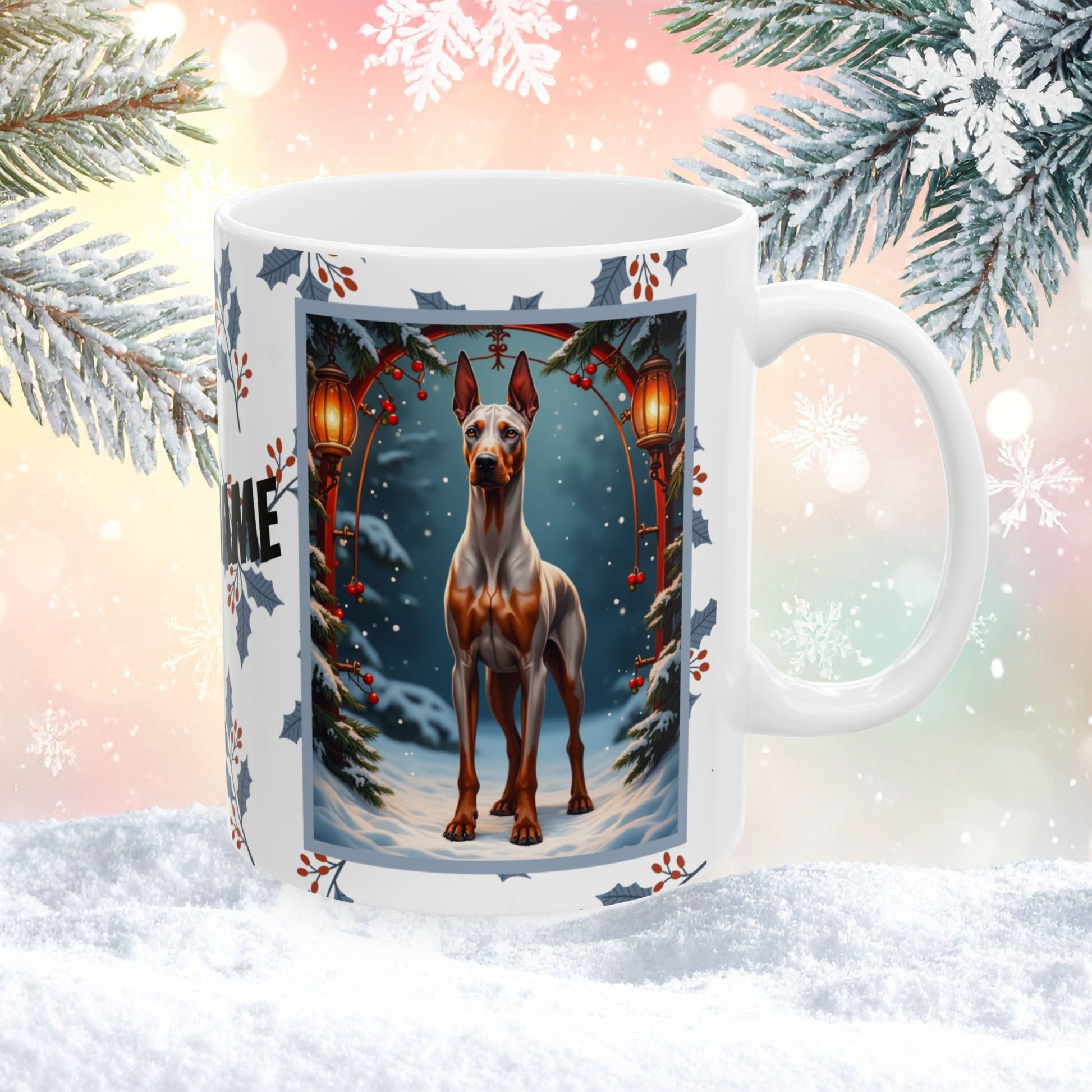 Doberman (Fawn & Rust) Winter Mug - fawn and rust Doberman illustrated in a bright winter scene with frosted pine branches
