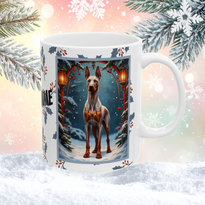 Doberman (Fawn & Rust) Winter Mug - fawn and rust Doberman illustrated in a bright winter scene with frosted pine branches