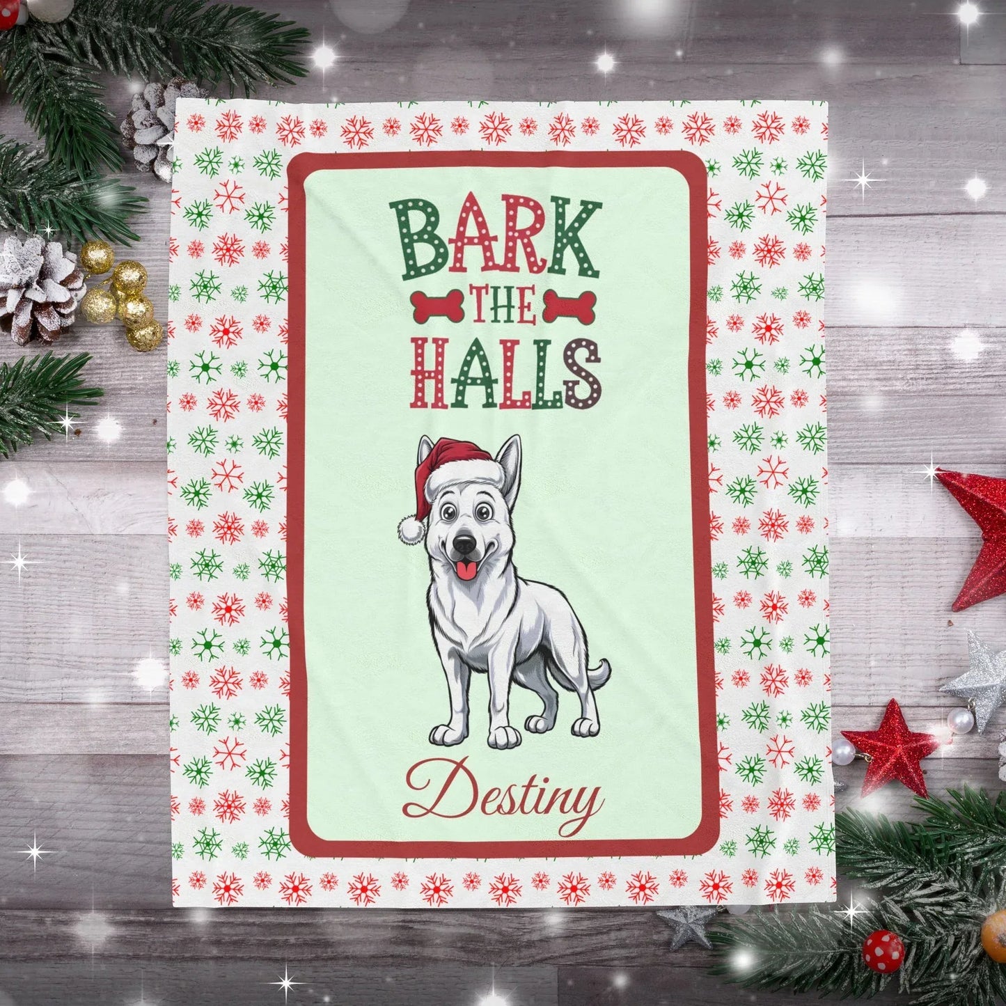 Shop our personalized german shepherd white velveteen plush blanket bark the halls featuring the 30" × 40" style option from MySisterIsASurvivor.