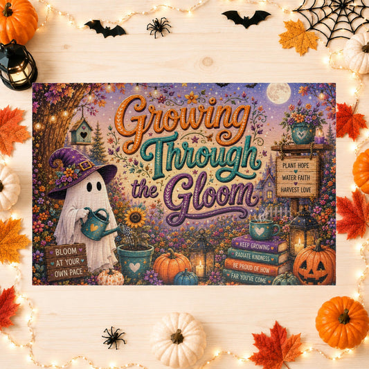 Growing Through the Gloom Halloween puzzle featuring ghost watering heart plant and growth themed sign