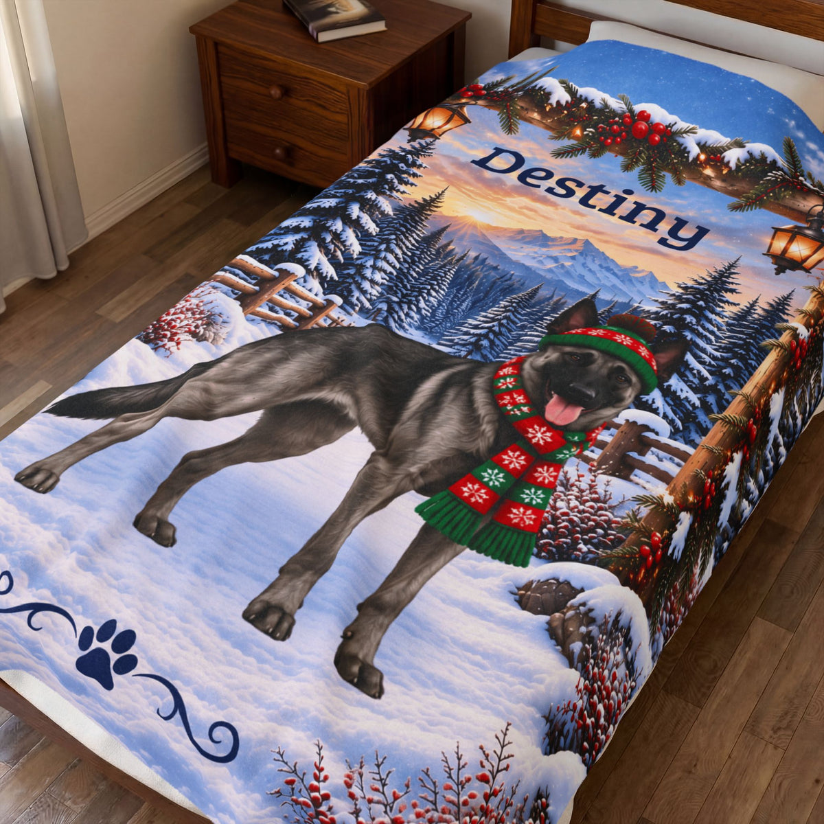 Belgian Malinois (Gray Sable Coat) - Custom Dog Name Velveteen Throw, Personalized Winter Cabin Gift
