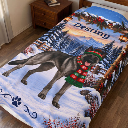 Belgian Malinois (Gray Sable Coat) - Custom Dog Name Velveteen Throw, Personalized Winter Cabin Gift