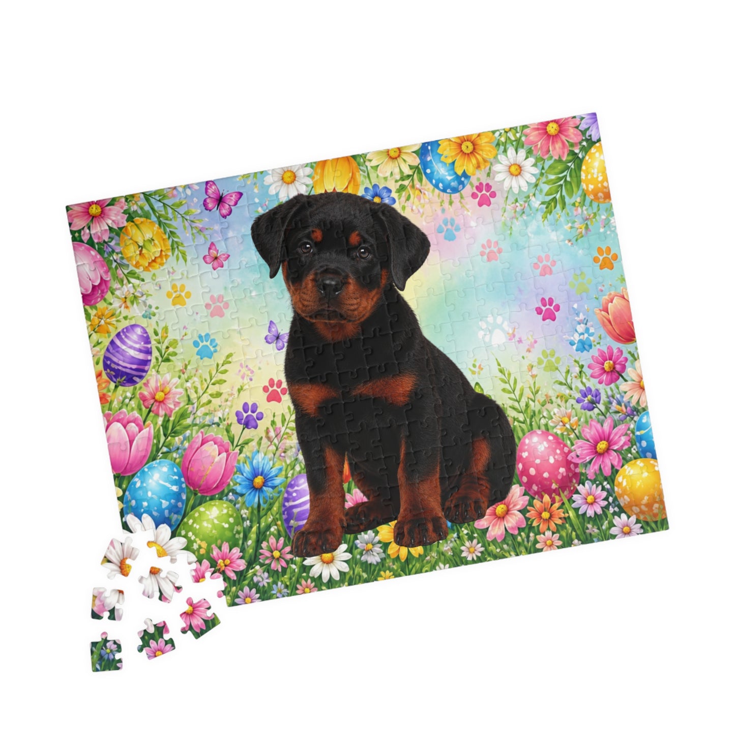Rottweiler (Black & Mahogany) Easter Puppy Puzzle - Spring Garden with Eggs and Wildflowers