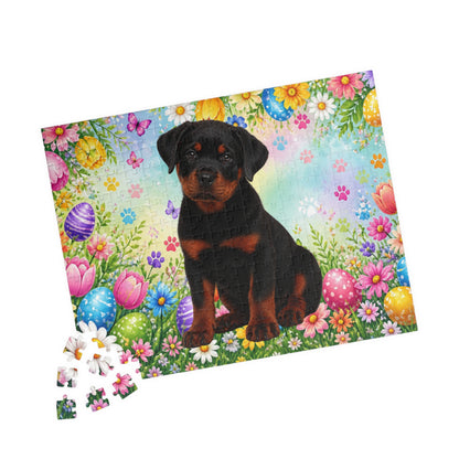 Rottweiler (Black & Mahogany) Easter Puppy Puzzle - Spring Garden with Eggs and Wildflowers