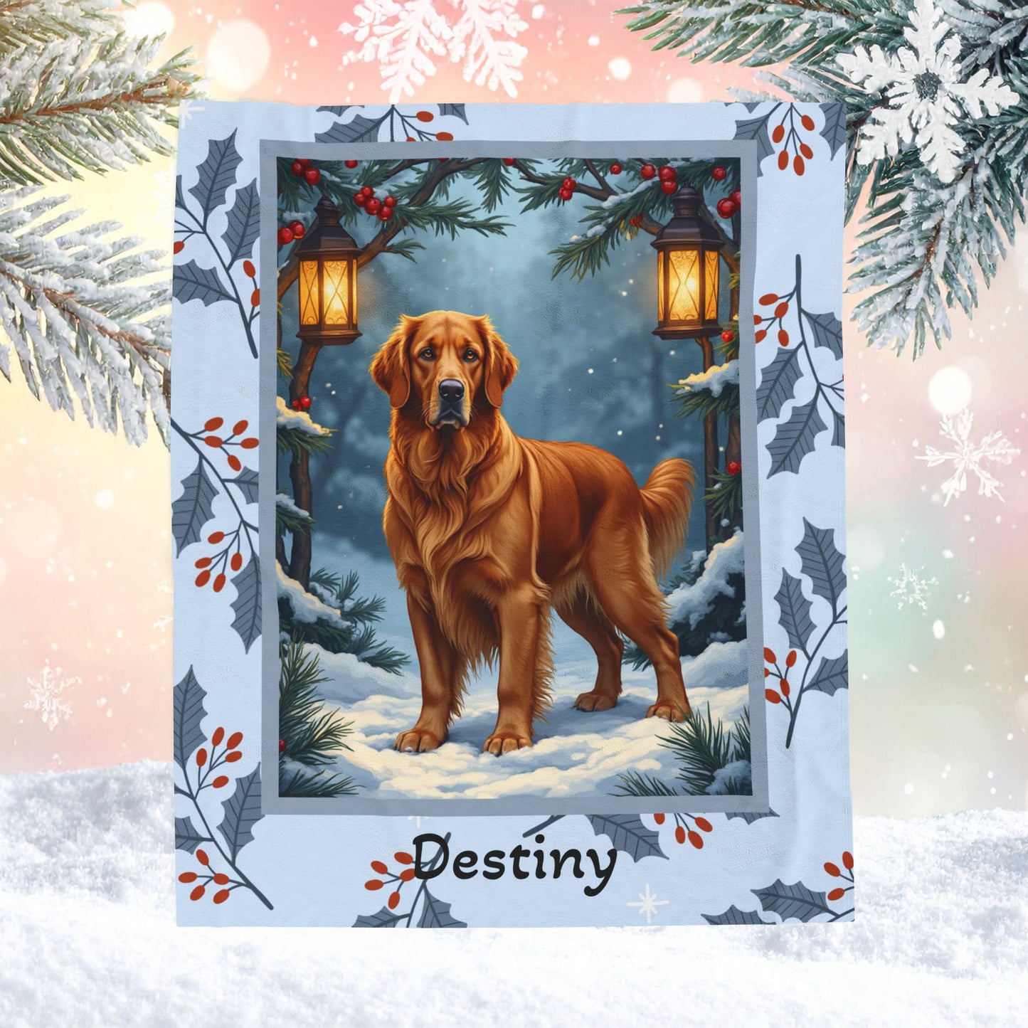 Golden Retriever Dark Golden custom winter blanket showing a loyal retriever in a bright illustrated lodge scene