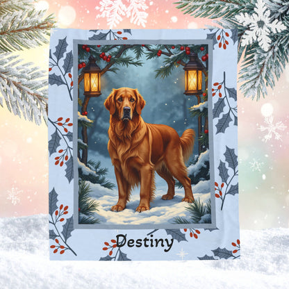 Golden Retriever Dark Golden custom winter blanket showing a loyal retriever in a bright illustrated lodge scene