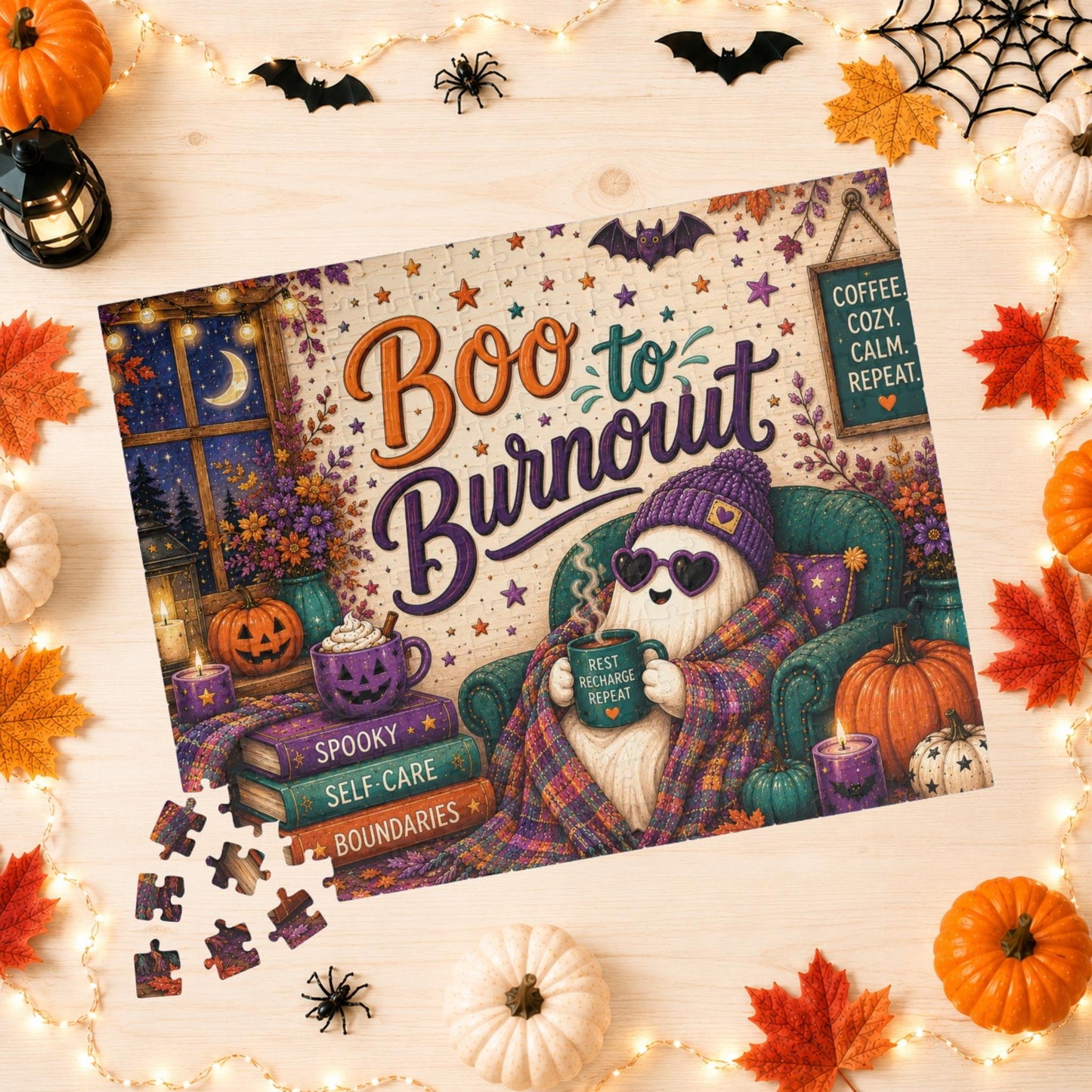 Boo to Burnout Halloween Puzzle - Ghost in Beanie with Rest Recharge Repeat Mug and Self-Care Books