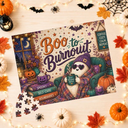 Boo to Burnout Halloween Puzzle - Ghost in Beanie with Rest Recharge Repeat Mug and Self-Care Books