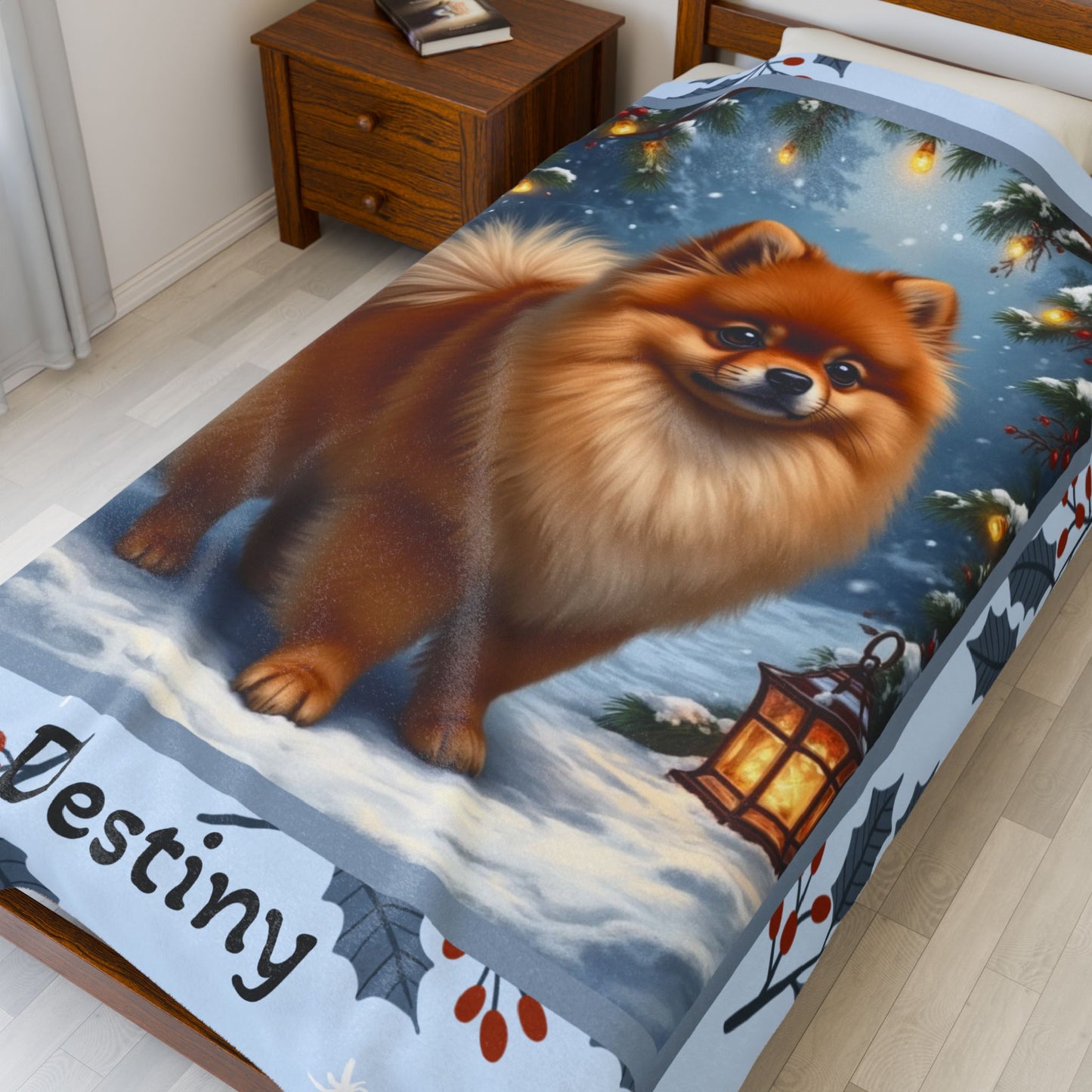 Pomeranian Orange personalized winter throw featuring a cheerful orange Pom in a cozy lodge winter scene