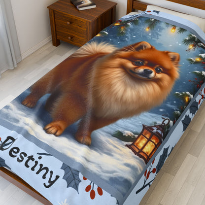 Pomeranian Orange personalized winter throw featuring a cheerful orange Pom in a cozy lodge winter scene