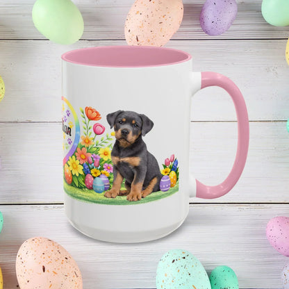Shop our rottweiler blue puppy easter mug featuring the 15oz style option from MySisterIsASurvivor.