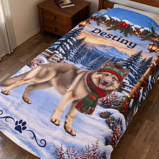 German Shepherd (Isabella Coat) - Personalized Winter Cabin Throw, Custom Name Velveteen Blanket - MySisterIsAsurvor