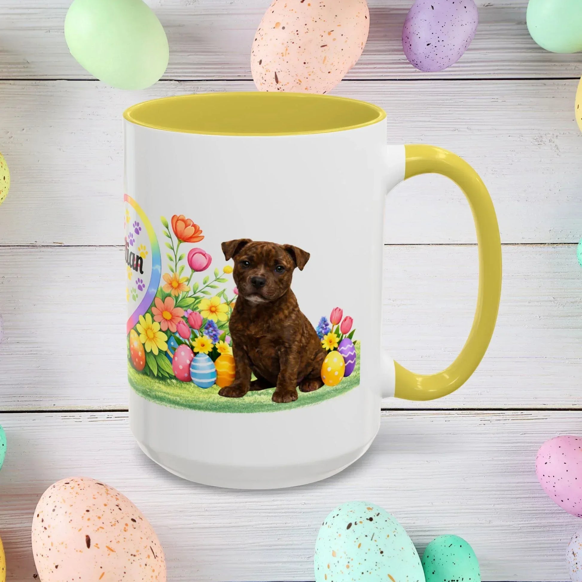 Shop our premium pitbull brindle puppy easter mug from MySisterIsASurvivor.
