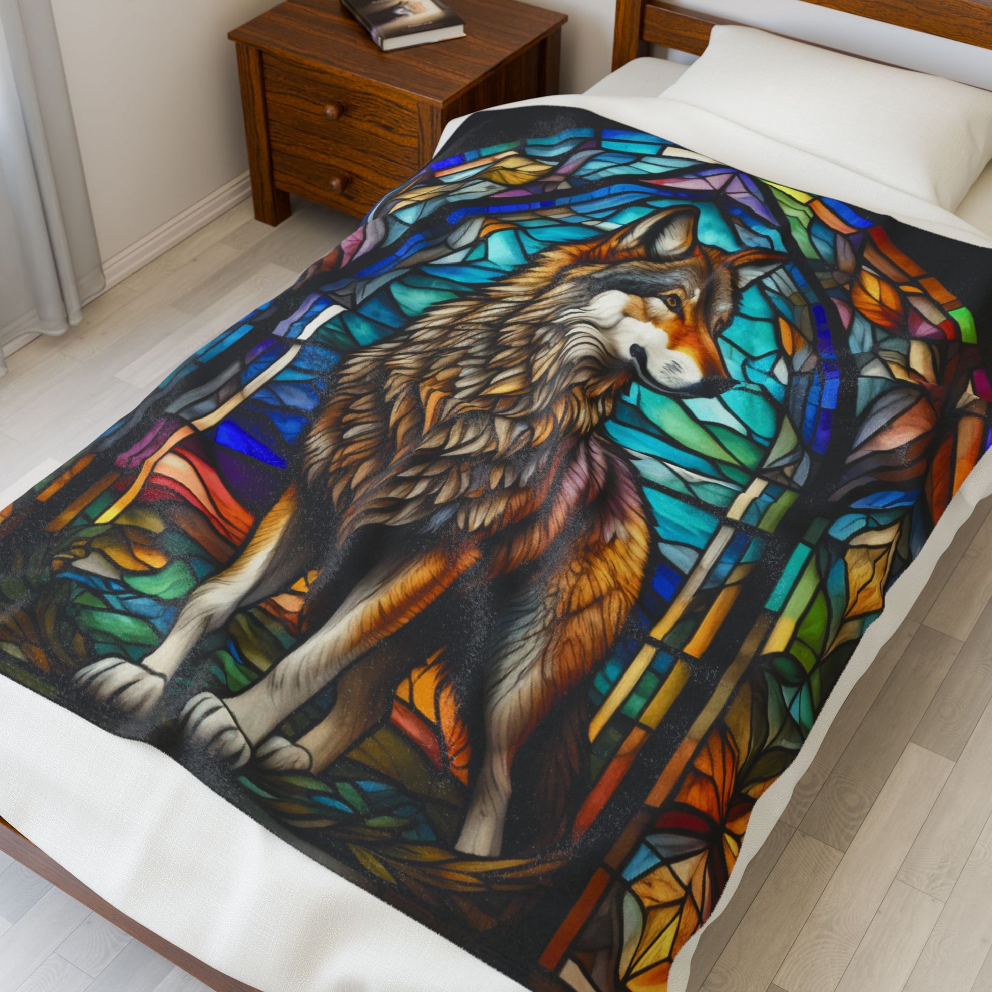 A mystical wolf blanket featuring stained glass-style artwork for serenity and warmth.