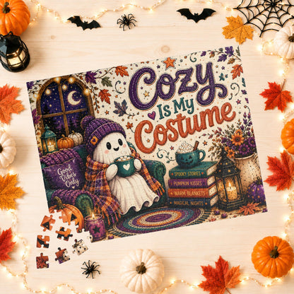 Cozy Is My Costume Halloween Puzzle - Ghost in Beanie with Good Vibes Pillow and Spooky Story Books