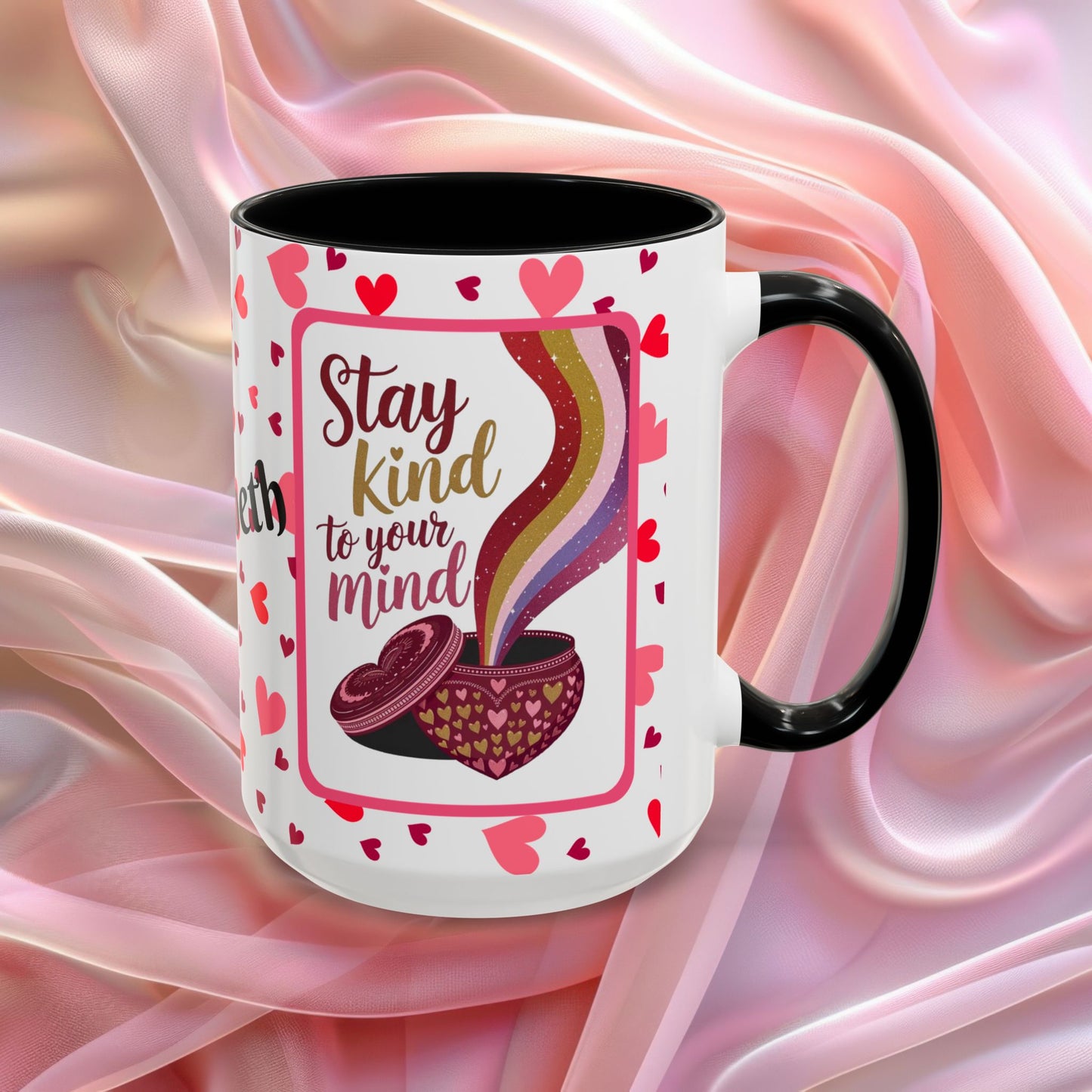 Stay Kind To Your Mind Valentines mug promoting mindfulness and balance, Valentine themed coffee cup