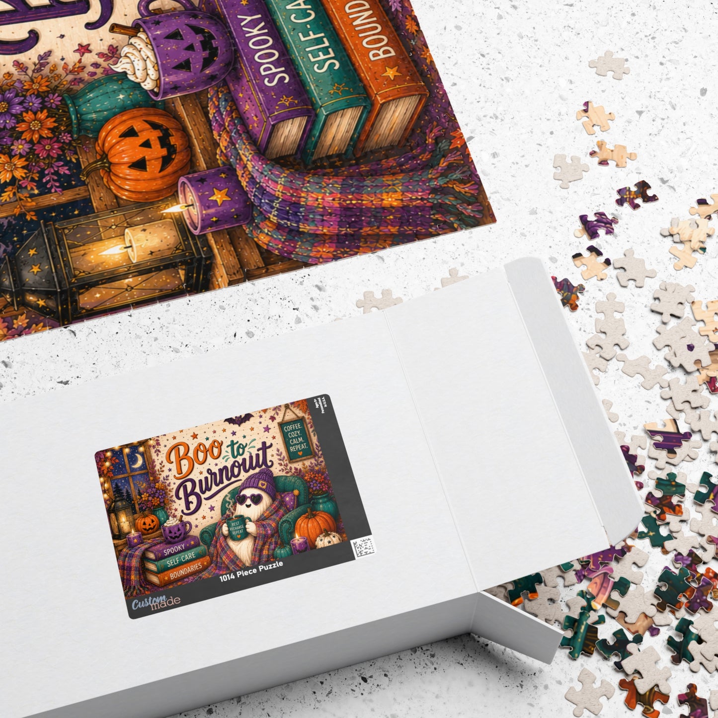 Boo to Burnout Halloween Puzzle - Ghost in Beanie with Rest Recharge Repeat Mug and Self-Care Books