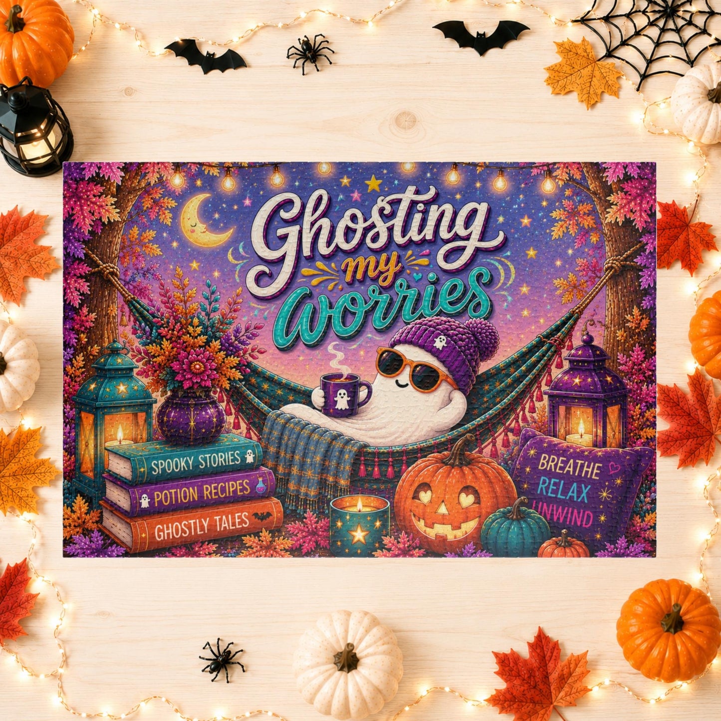 Ghosting My Worries Halloween Puzzle - Unbothered Ghost in Hammock with Breathe Relax Unwind Pillow