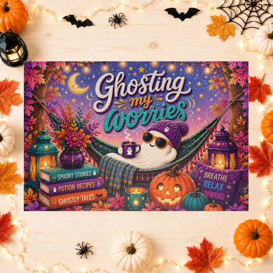 Ghosting My Worries Halloween puzzle with relaxed ghost in hammock and calming self care theme
