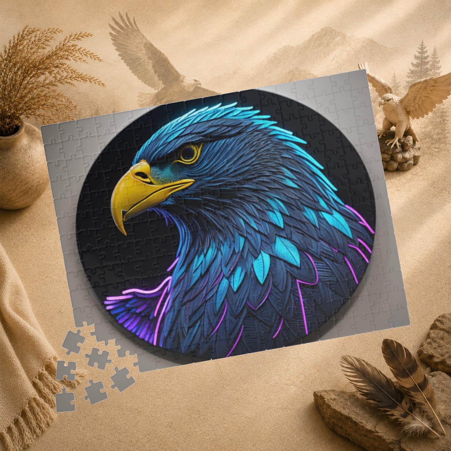 Eagle Vision Triumph - Neon Bald Eagle Portrait Puzzle with Teal and Purple Feathers on Dark Background