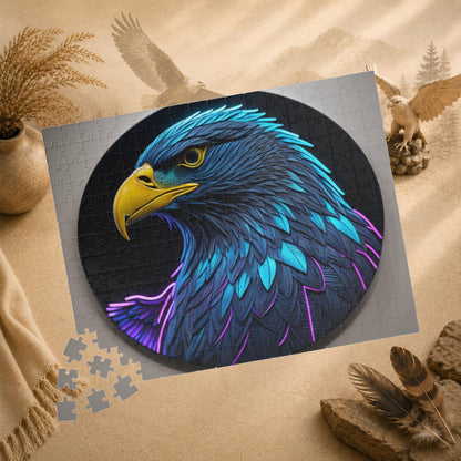 Eagle Vision Triumph - Neon Bald Eagle Portrait Puzzle with Teal and Purple Feathers on Dark Background