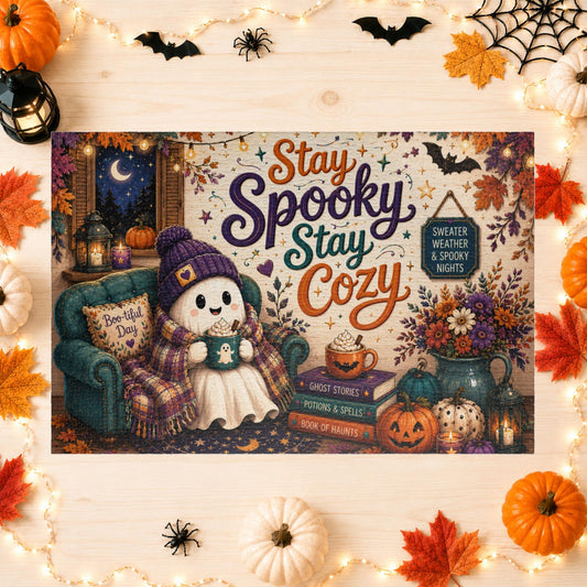 Stay Spooky Stay Cozy Halloween puzzle with ghost in armchair, books, and cozy seasonal decor
