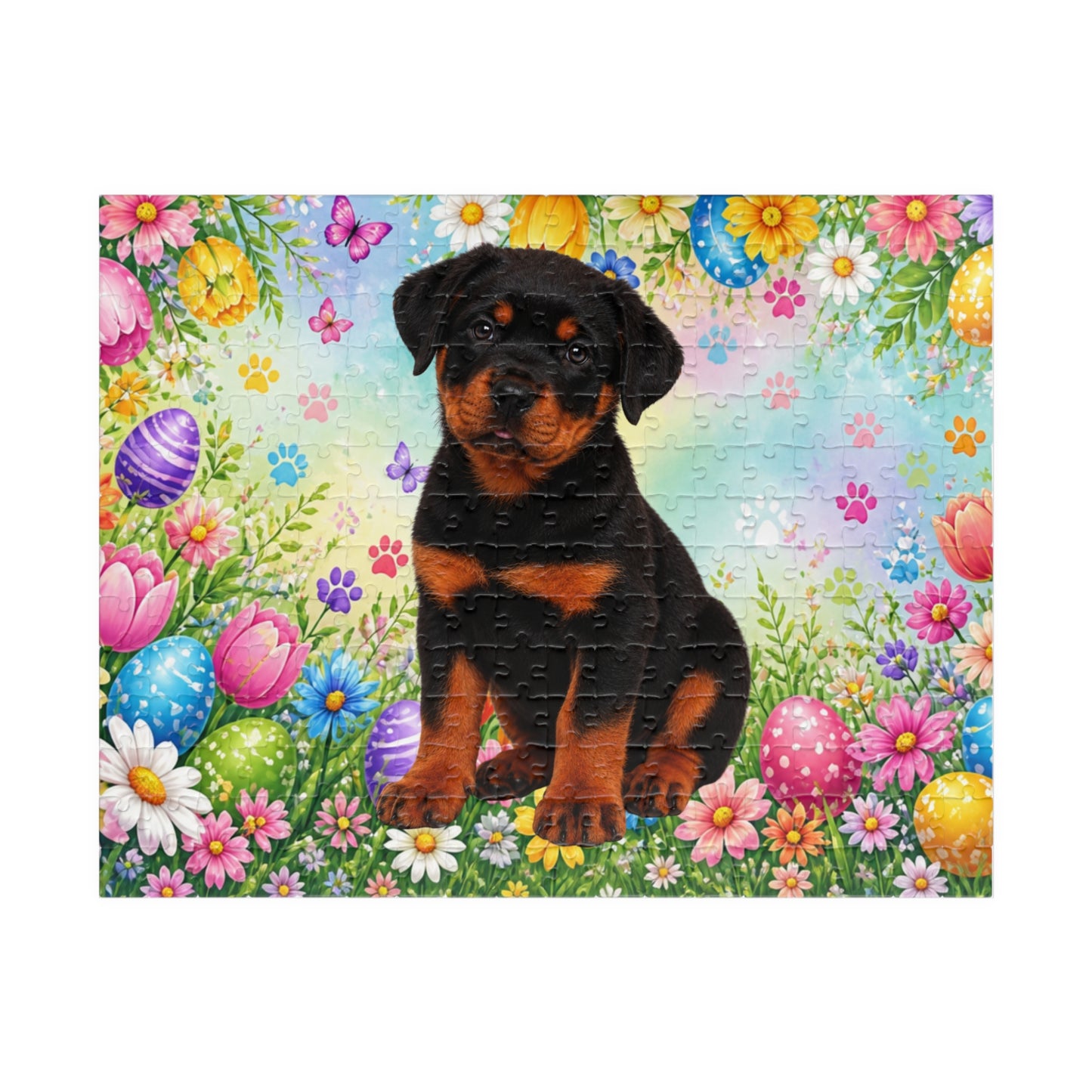 Rottweiler (Black & Rust) Easter Puppy Puzzle - Spring Garden with Eggs, Tulips, and Daisies