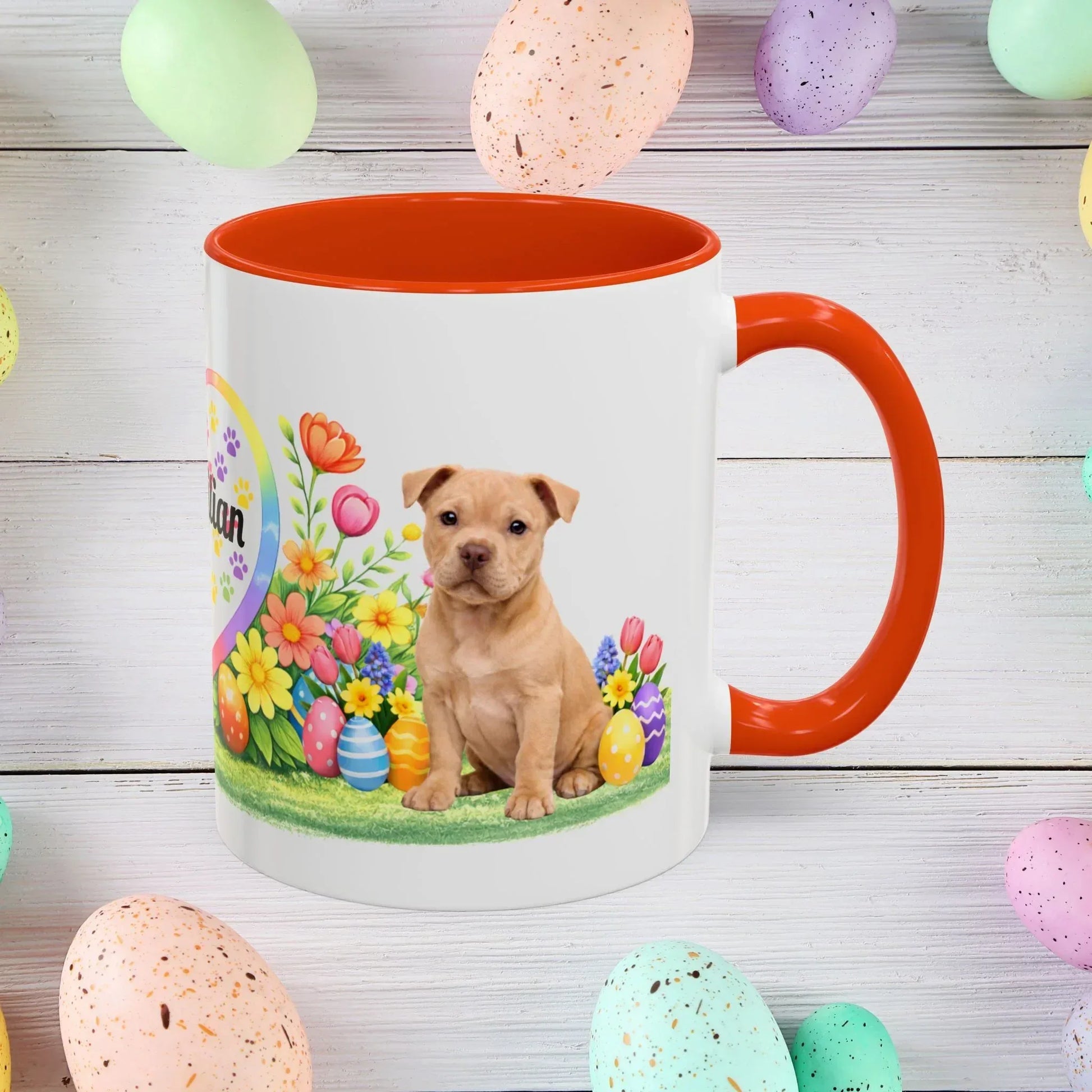 Shop our pitbull fawn puppy easter mug featuring the 11oz style option from MySisterIsASurvivor.
