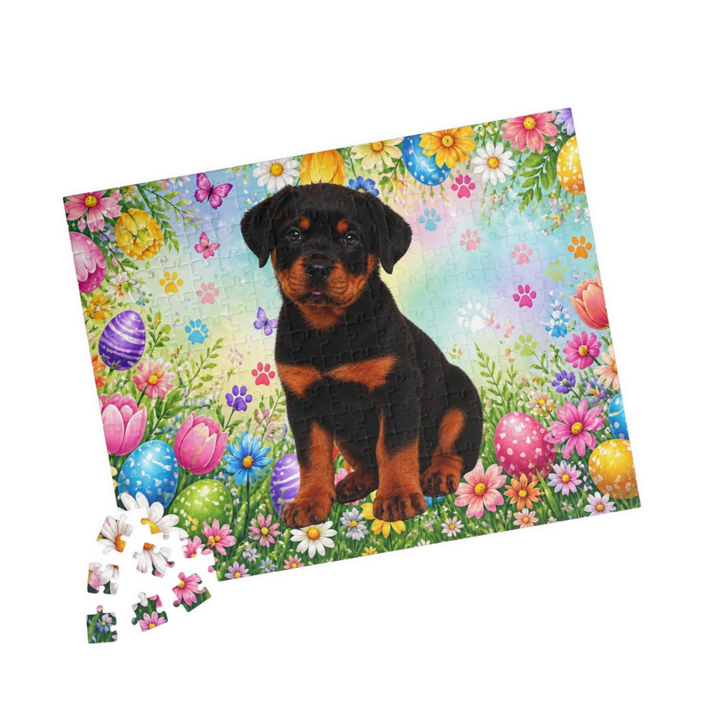 Rottweiler (Black & Rust) Easter Puppy Puzzle - Spring Garden with Eggs, Tulips, and Daisies