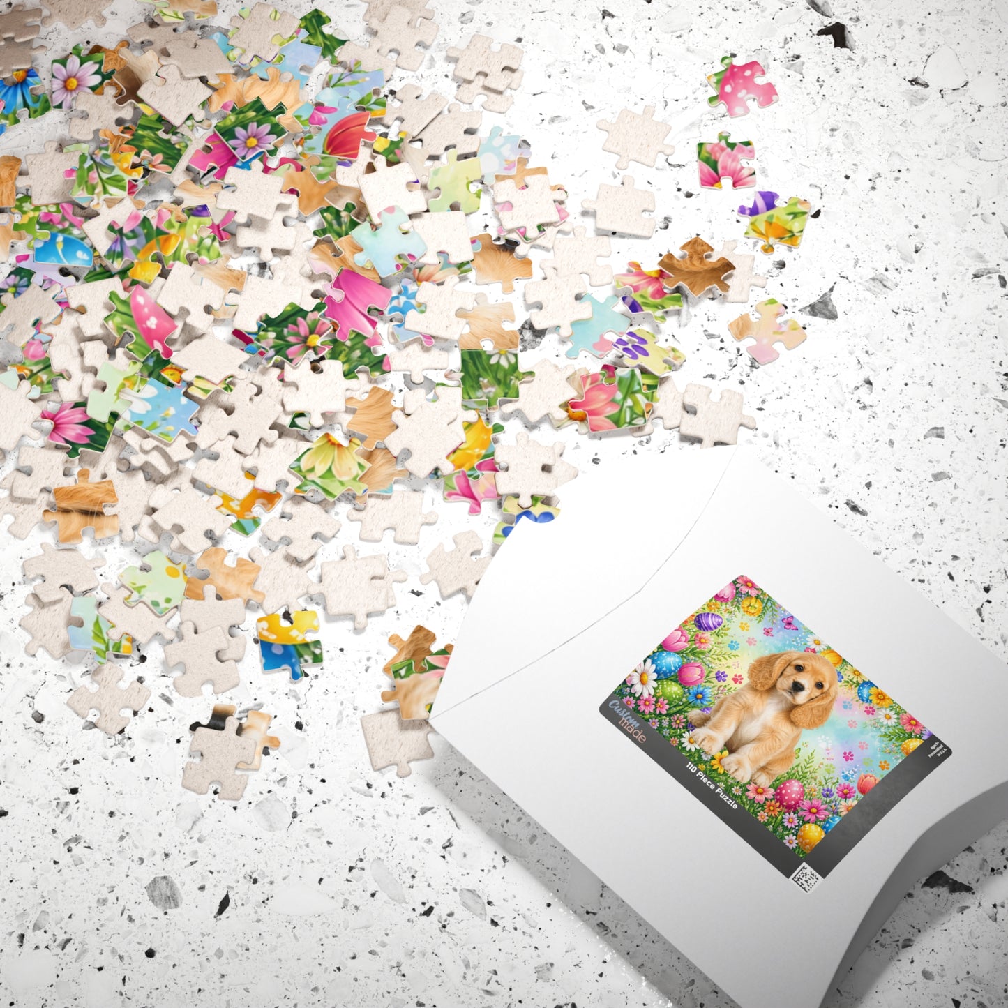 American Cocker Spaniel (Lemon & White) Easter Puppy Puzzle - Spring Garden with Eggs, Tulips, and Daisies