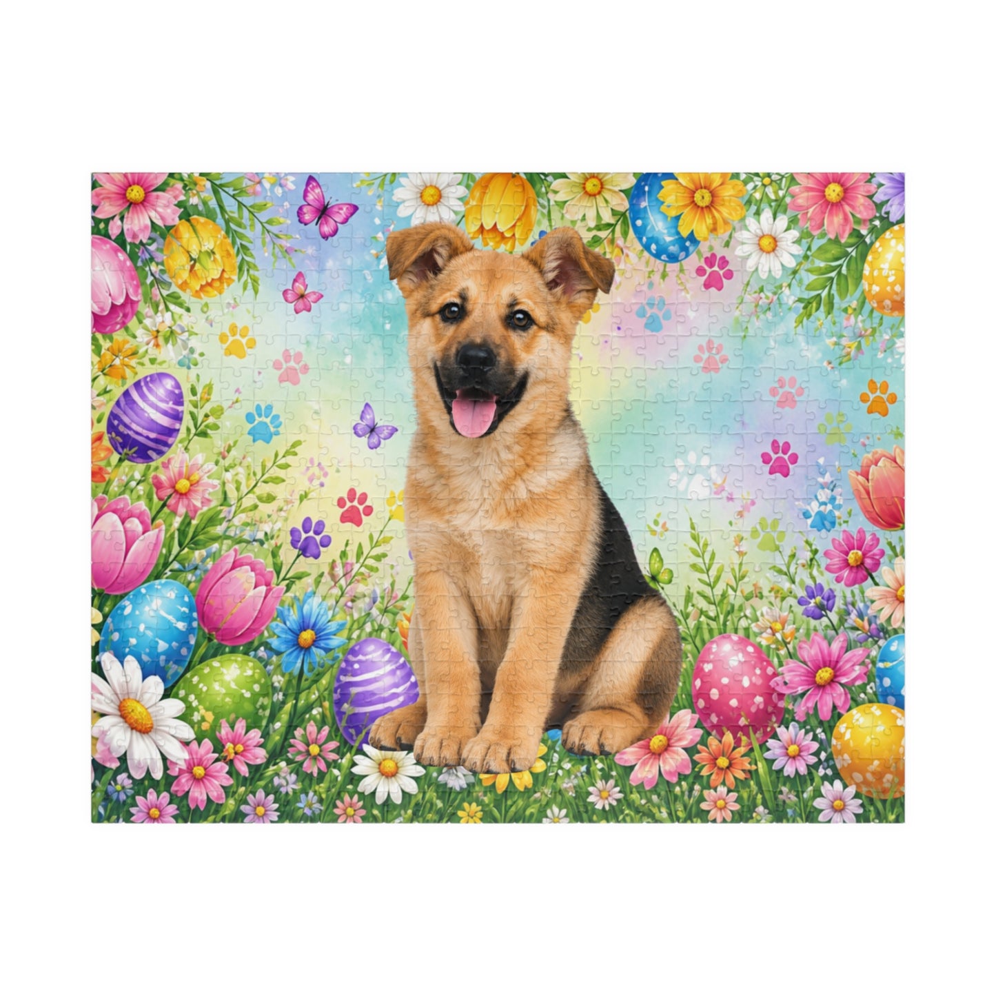 German Shepherd (Black & Tan) Easter Puppy Puzzle - Tulips, Easter Eggs, and Butterflies