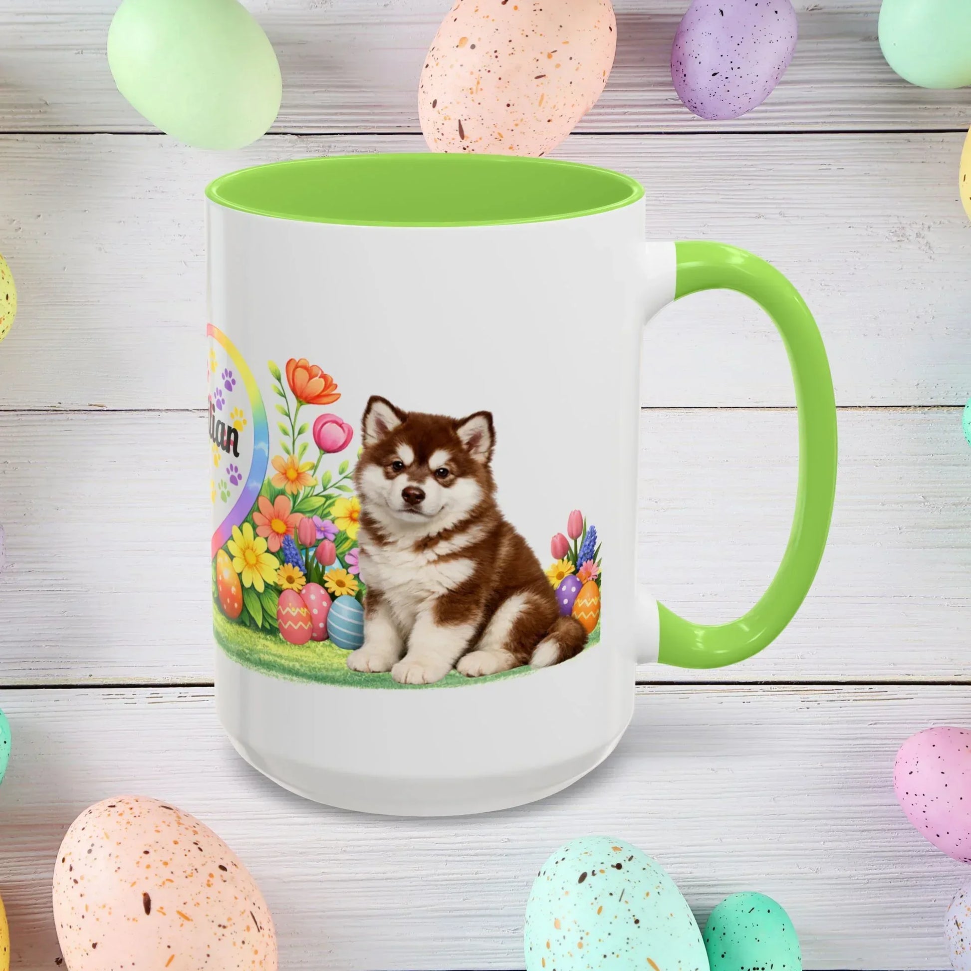 Shop our alaskan malamute red white puppy easter mug featuring the 15oz style option from MySisterIsASurvivor.
